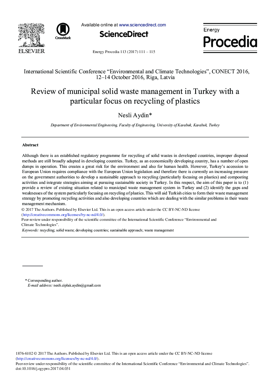 بررسی مدیریت جامع ضایعات شهری در ترکیه با توجه ویژه به بازیافت پلاستیک 