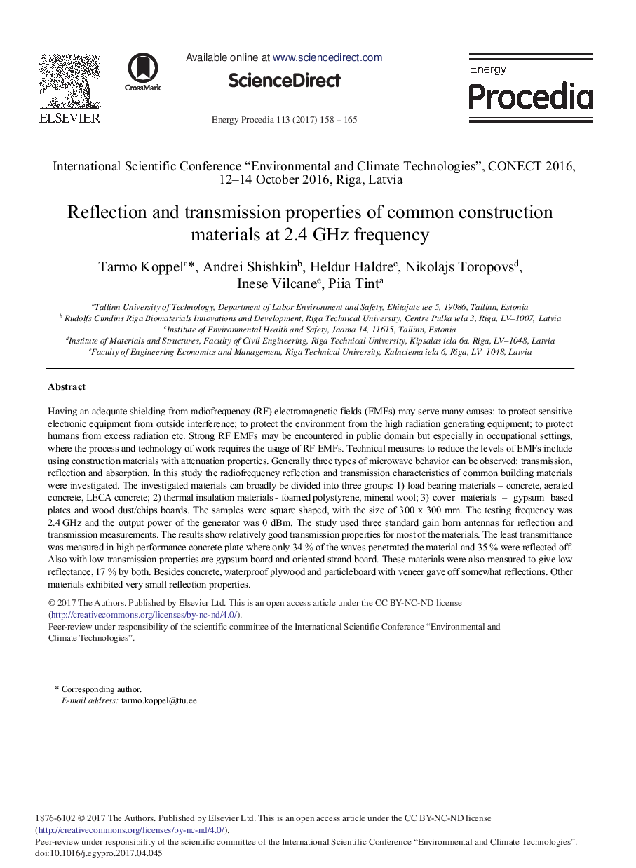 Reflection and Transmission Properties of Common Construction Materials at 2.4 GHz Frequency