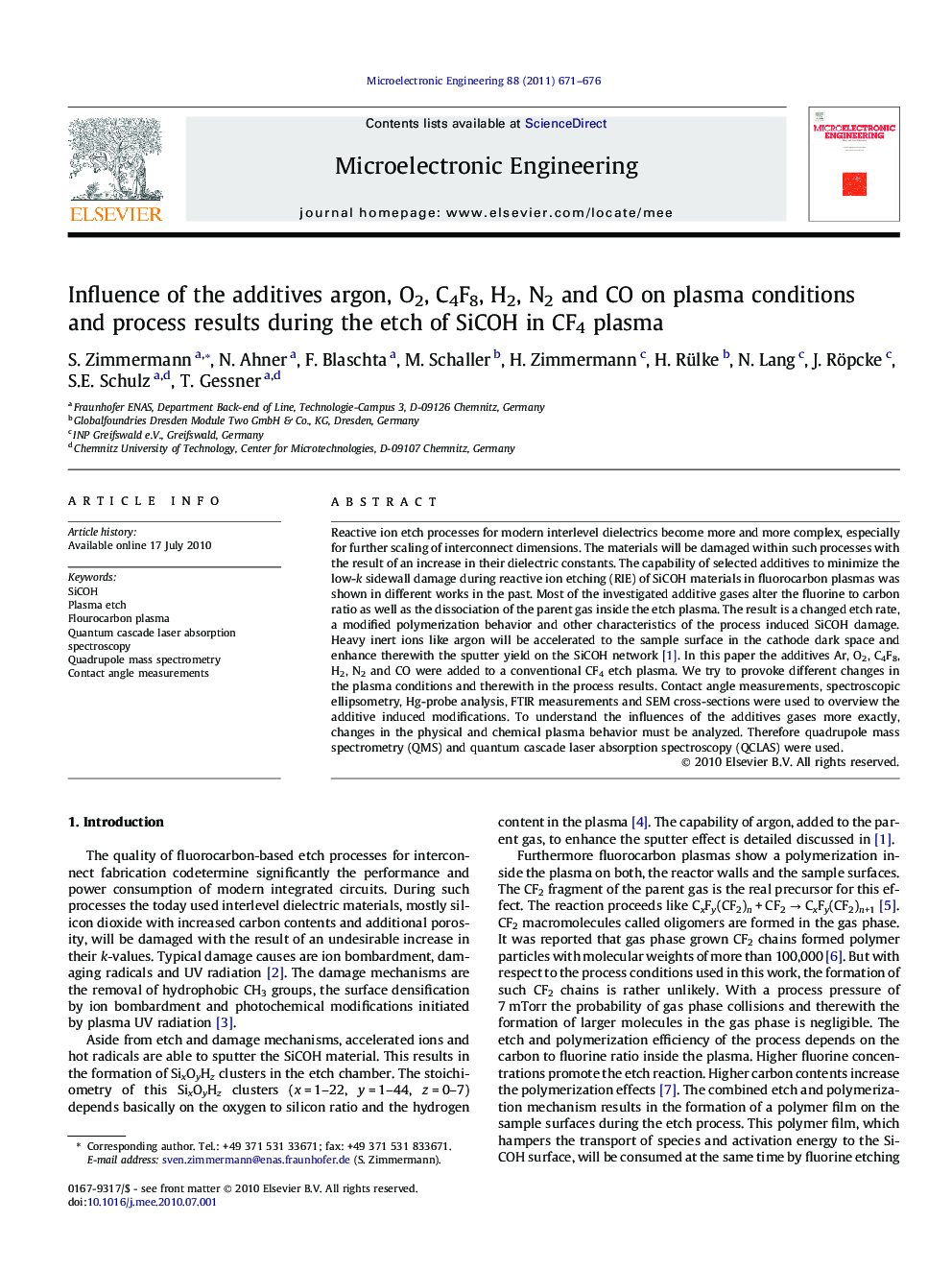 Influence of the additives argon, O2, C4F8, H2, N2 and CO on plasma conditions and process results during the etch of SiCOH in CF4 plasma