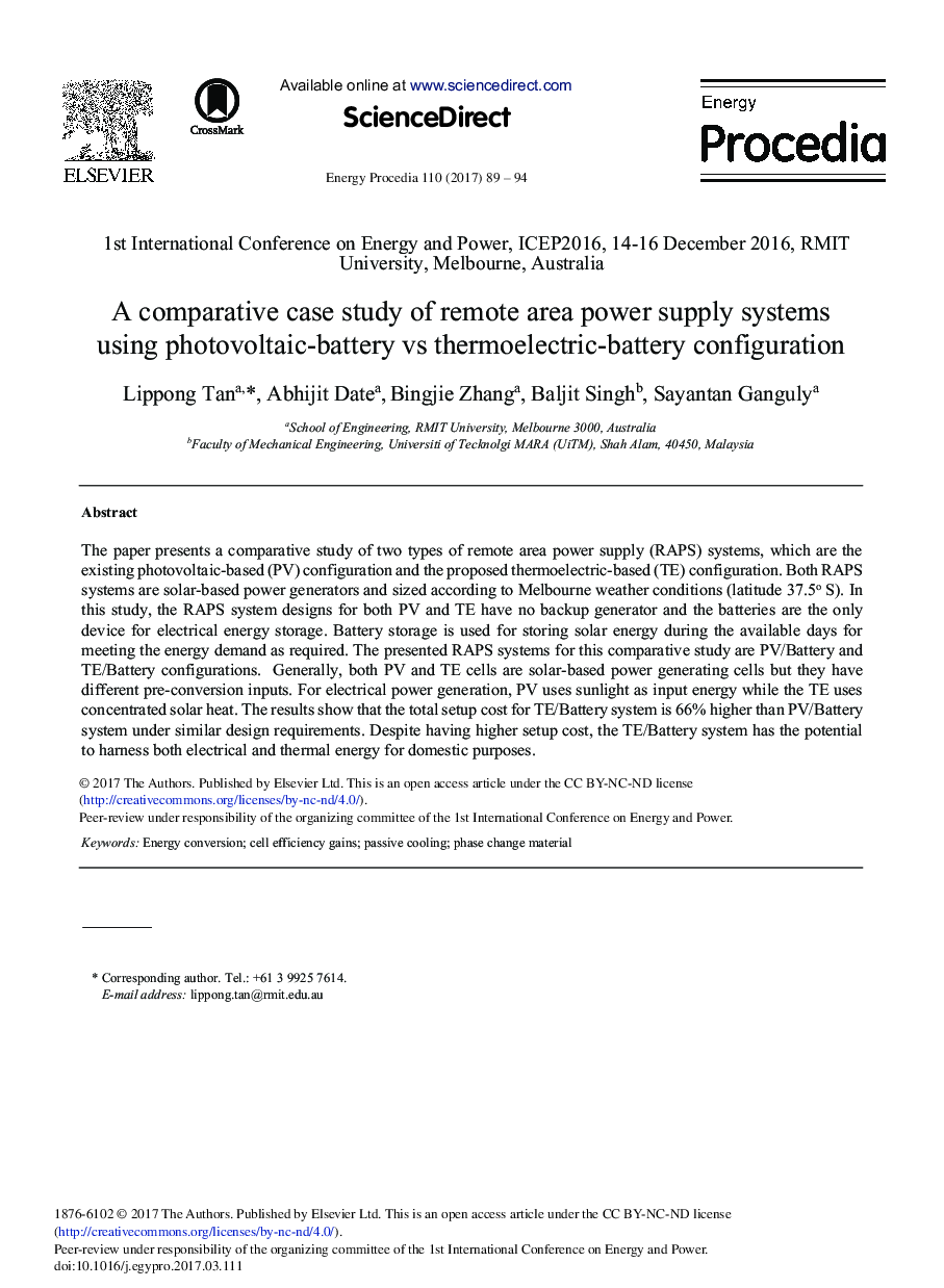 A Comparative Case Study of Remote Area Power Supply Systems Using Photovoltaic-battery vs Thermoelectric-battery Configuration
