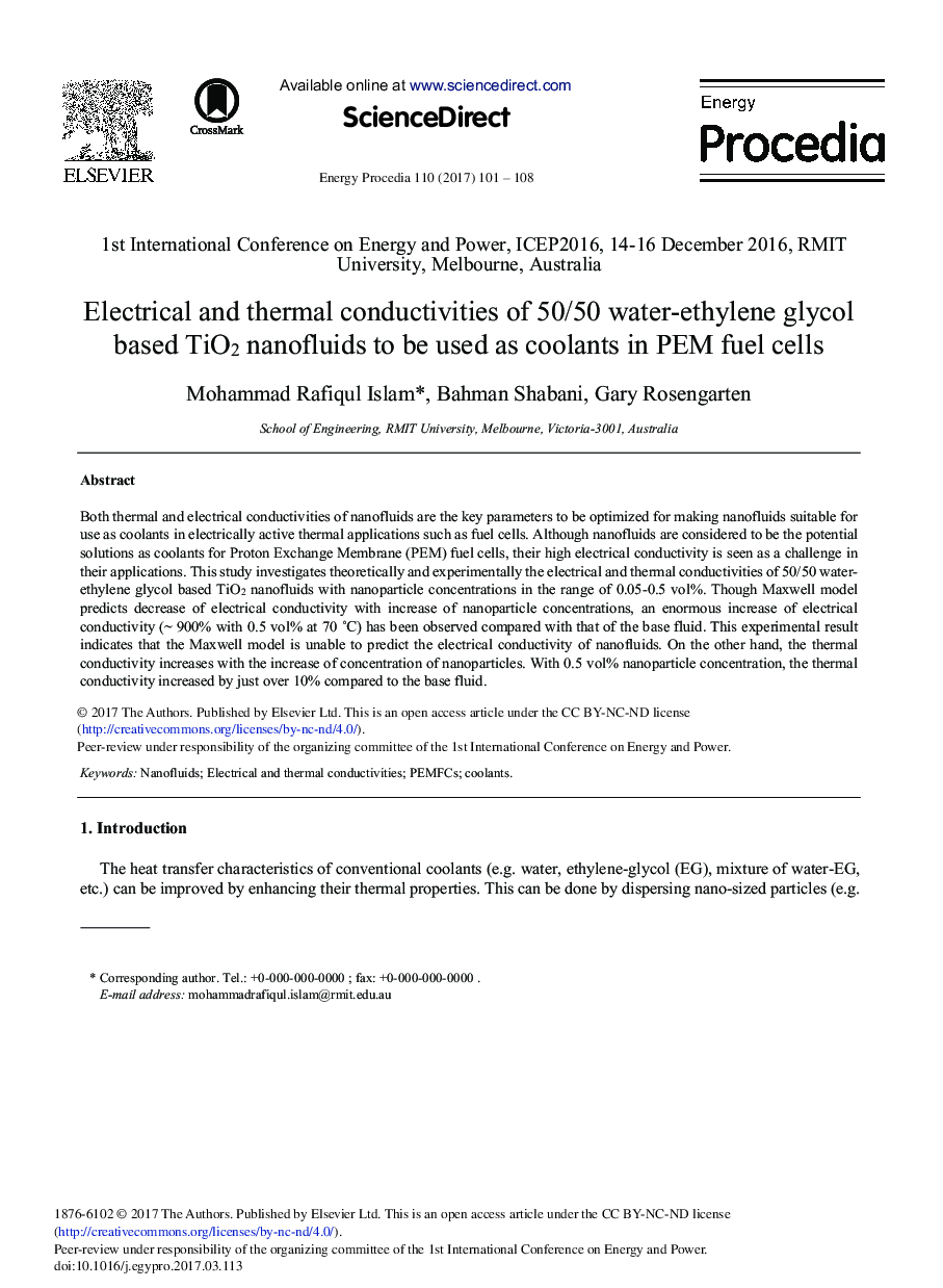 Electrical and Thermal Conductivities of 50/50 Water-ethylene Glycol Based TiO2 Nanofluids to be Used as Coolants in PEM Fuel Cells