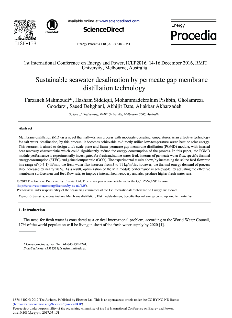 Sustainable Seawater Desalination by Permeate Gap Membrane Distillation Technology