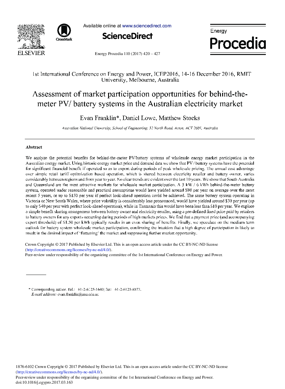 Assessment of Market Participation Opportunities for Behind-the-meter PV/ Battery Systems in the Australian Electricity Market