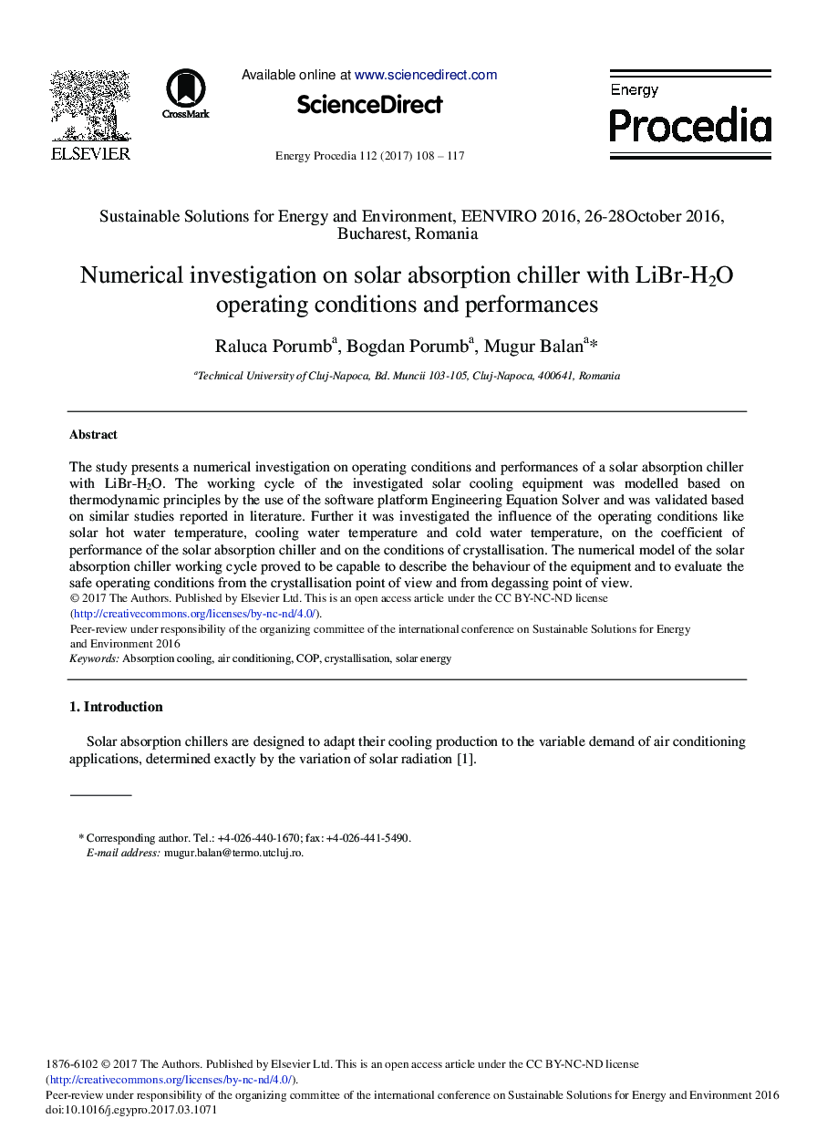 Numerical Investigation on Solar Absorption Chiller with LiBr-H2O Operating Conditions and Performances