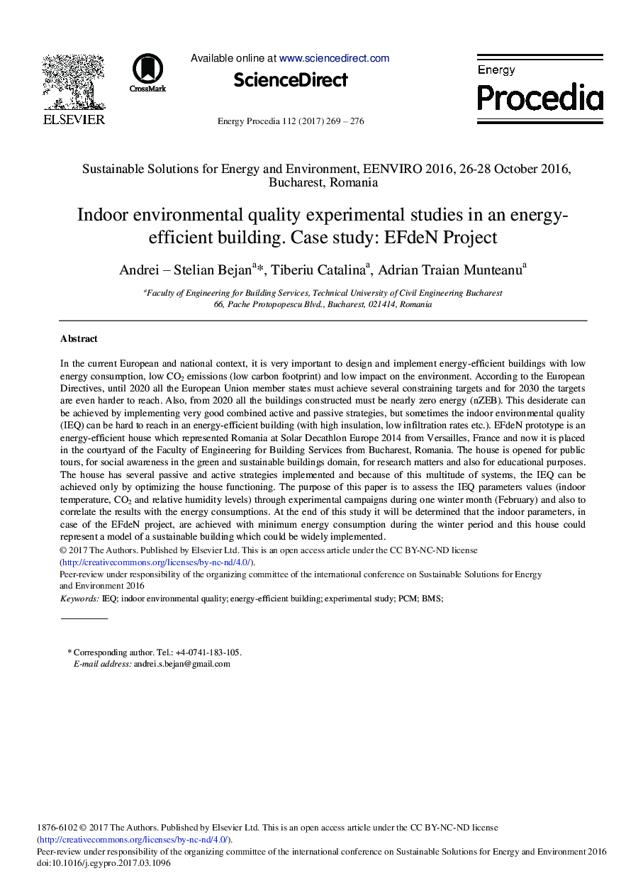 Indoor Environmental Quality Experimental Studies in an Energy-efficient Building. Case study: EFdeN Project