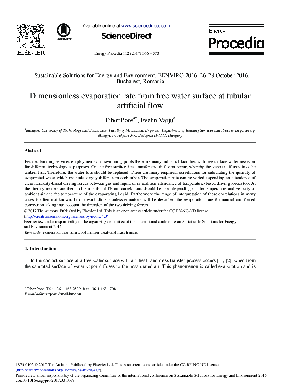 Dimensionless Evaporation Rate from Free Water Surface at Tubular Artificial Flow