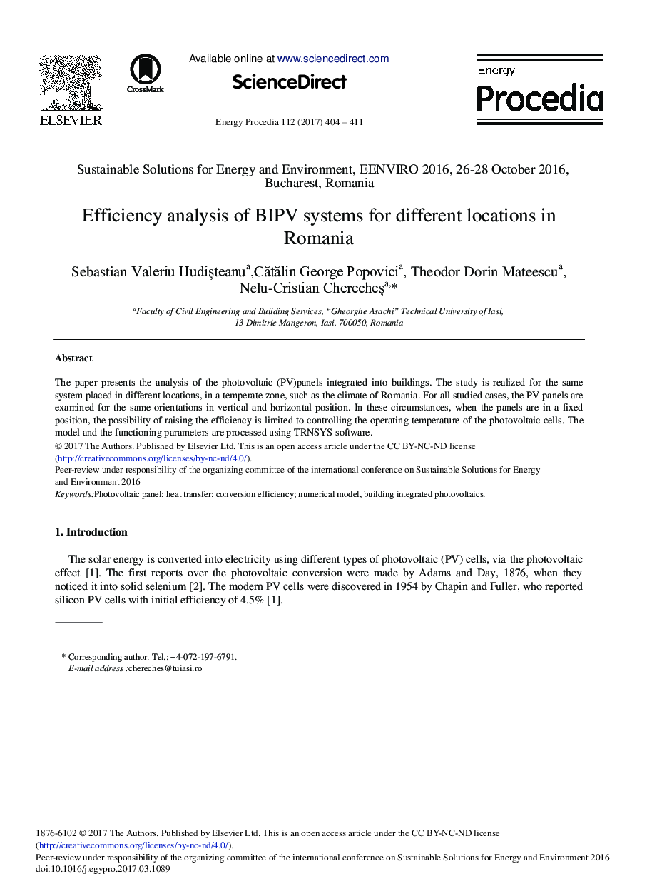 Efficiency Analysis of BIPV Systems for Different Locations in Romania