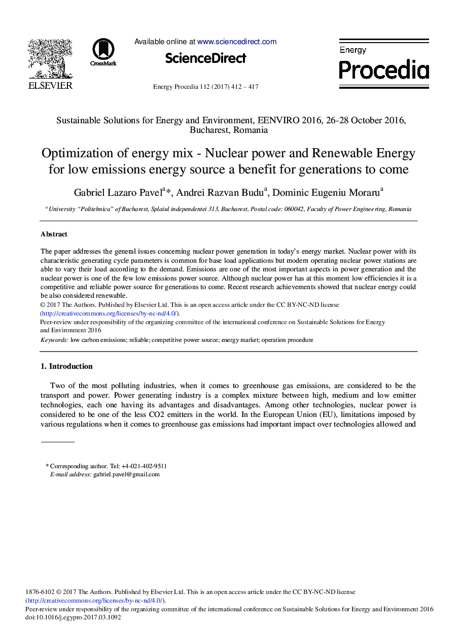 Optimization of Energy Mix - Nuclear Power and Renewable Energy for Low Emissions Energy Source a Benefit for Generations to Come