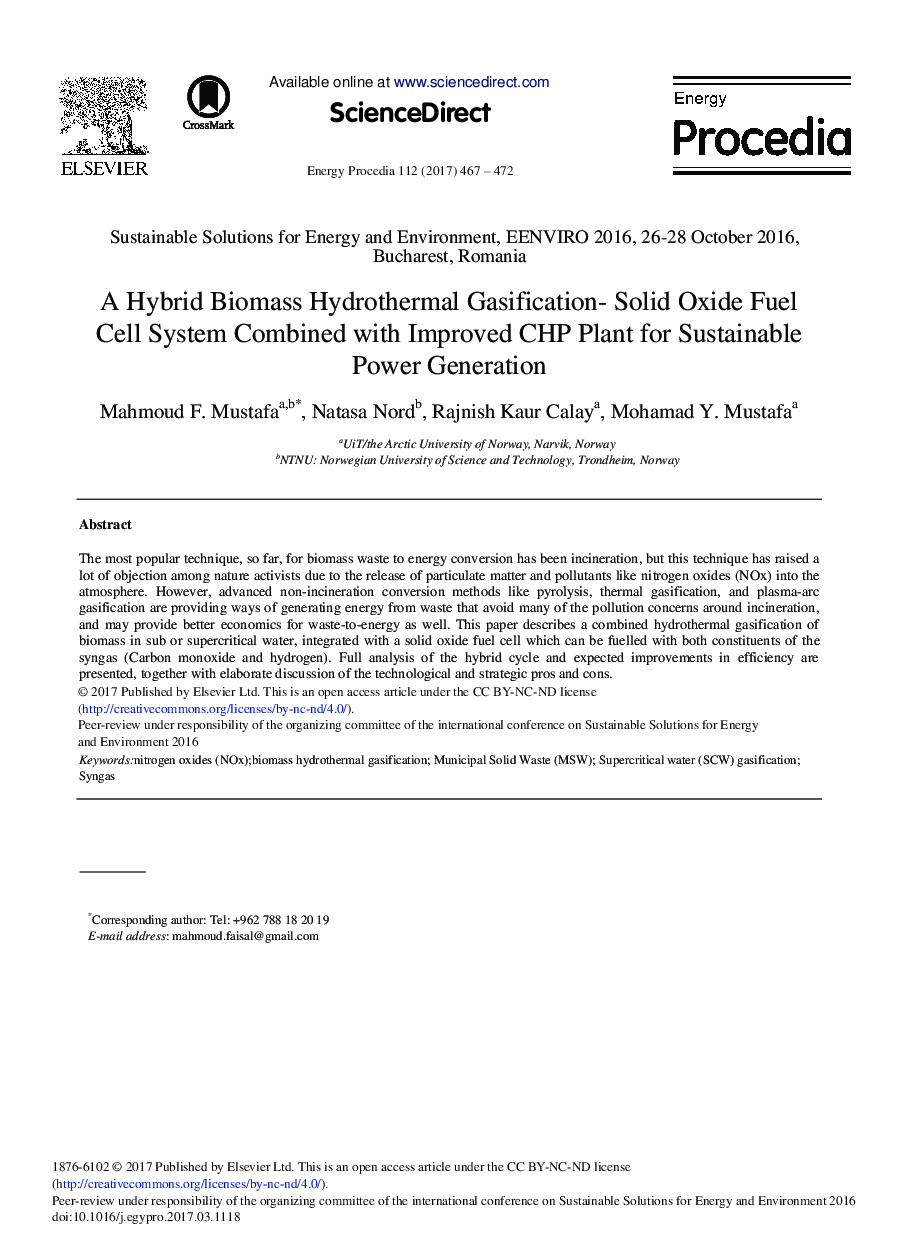 A Hybrid Biomass Hydrothermal Gasification- Solid Oxide Fuel Cell System Combined with Improved CHP Plant for Sustainable Power Generation