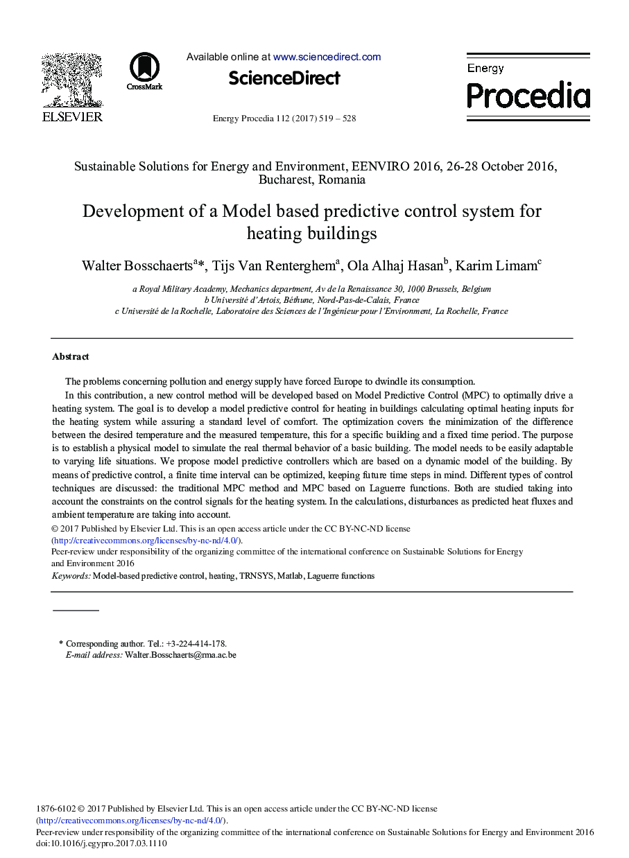 Development of a Model Based Predictive Control System for Heating Buildings