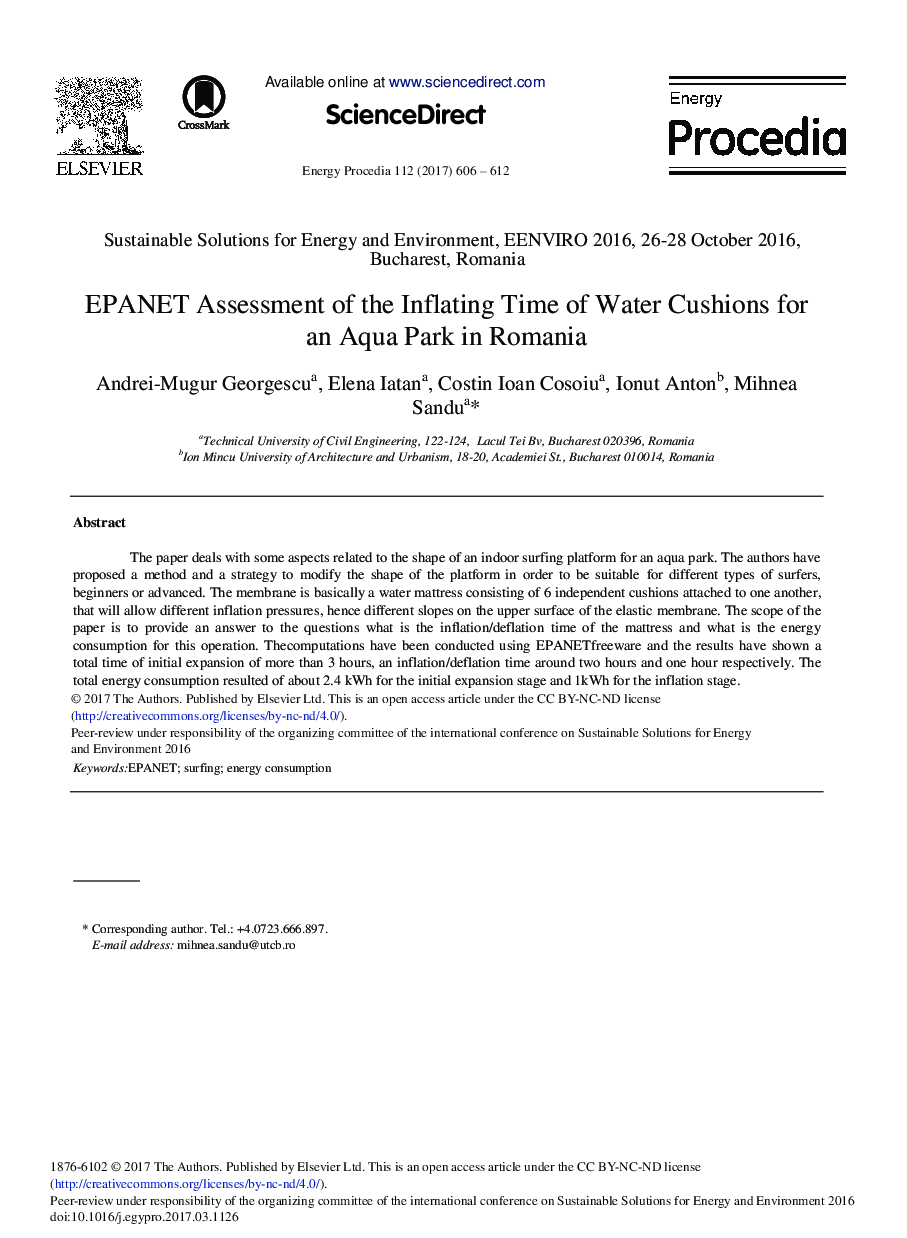 EPANET Assessment of the Inflating Time of Water Cushions for an Aqua Park in Romania