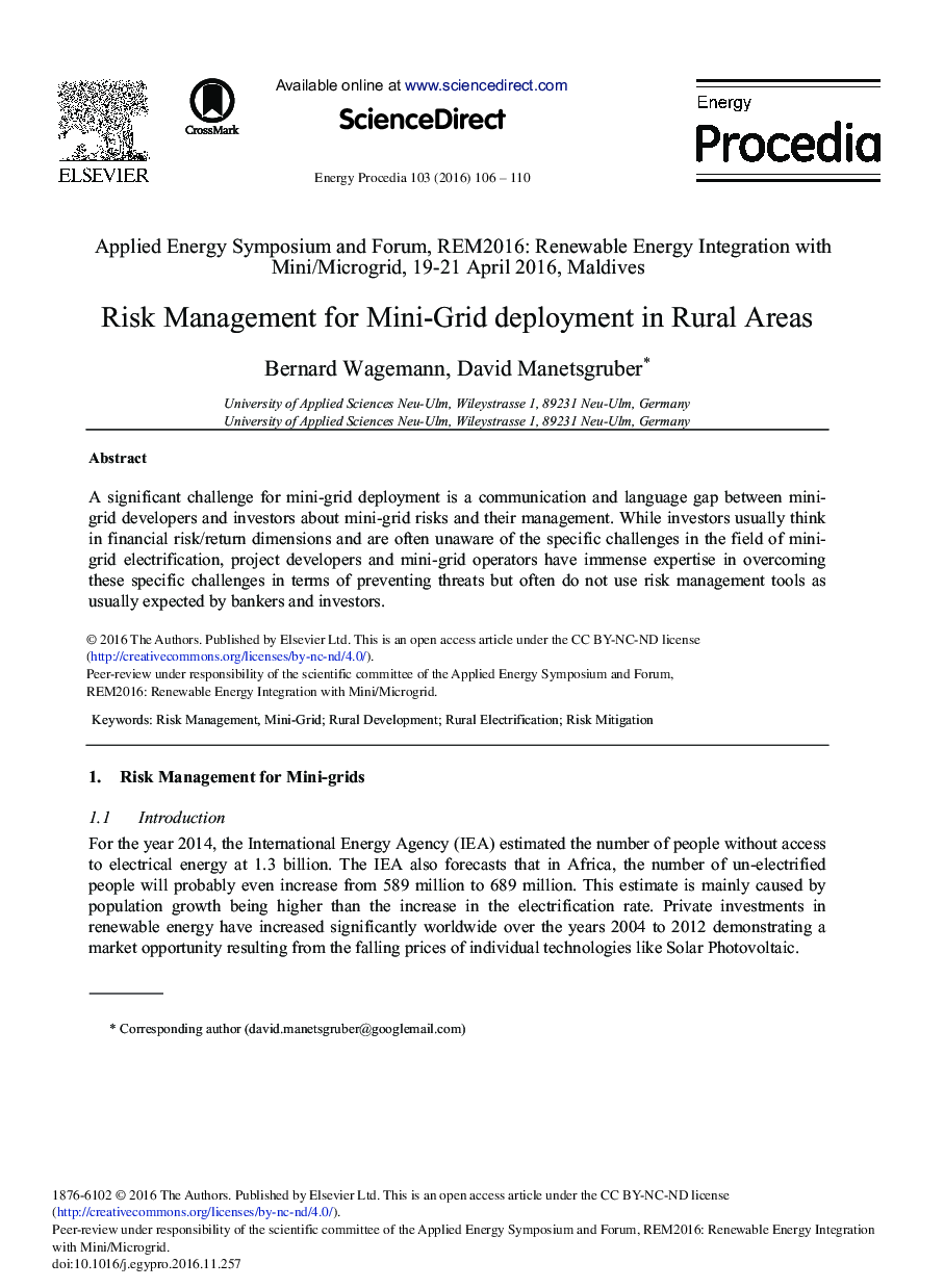 Risk Management for Mini-grid Deployment in Rural Areas