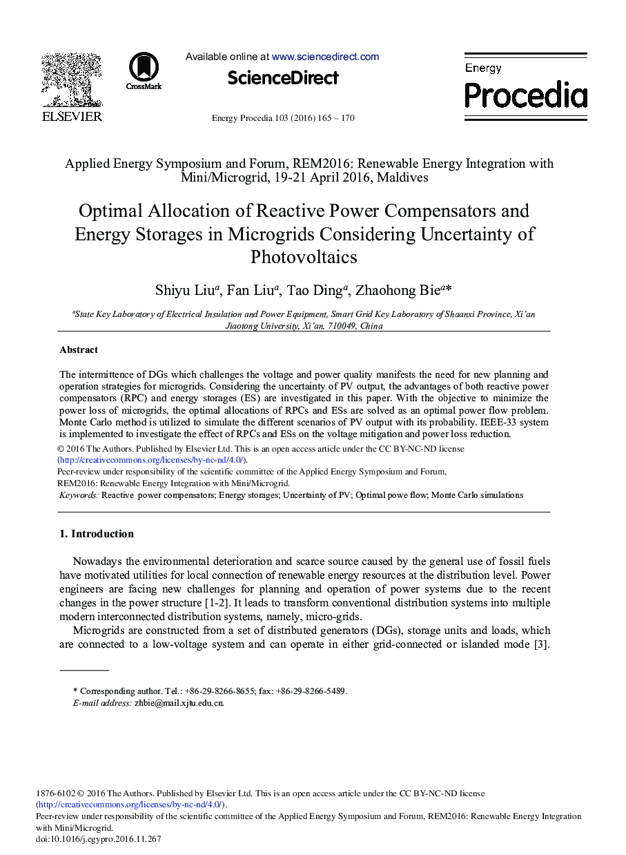 Optimal Allocation of Reactive Power Compensators and Energy Storages in Microgrids Considering Uncertainty of Photovoltaics