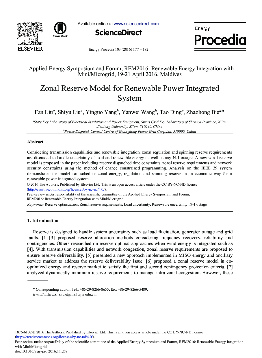 Zonal Reserve Model for Renewable Power Integrated System