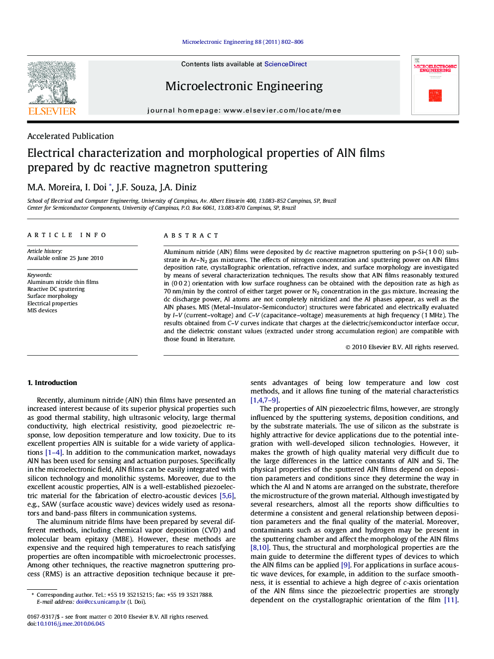 Electrical characterization and morphological properties of AlN films prepared by dc reactive magnetron sputtering