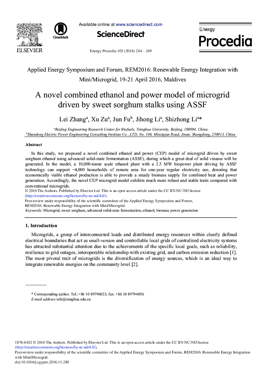 A Novel Combined Ethanol and Power Model of Microgrid Driven by Sweet Sorghum Stalks Using ASSF