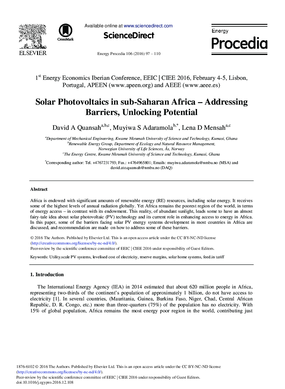 فتوولتائیک خورشیدی در کشورهای جنوب صحرای آفریقا - موانع و فرصت های باز کردن 