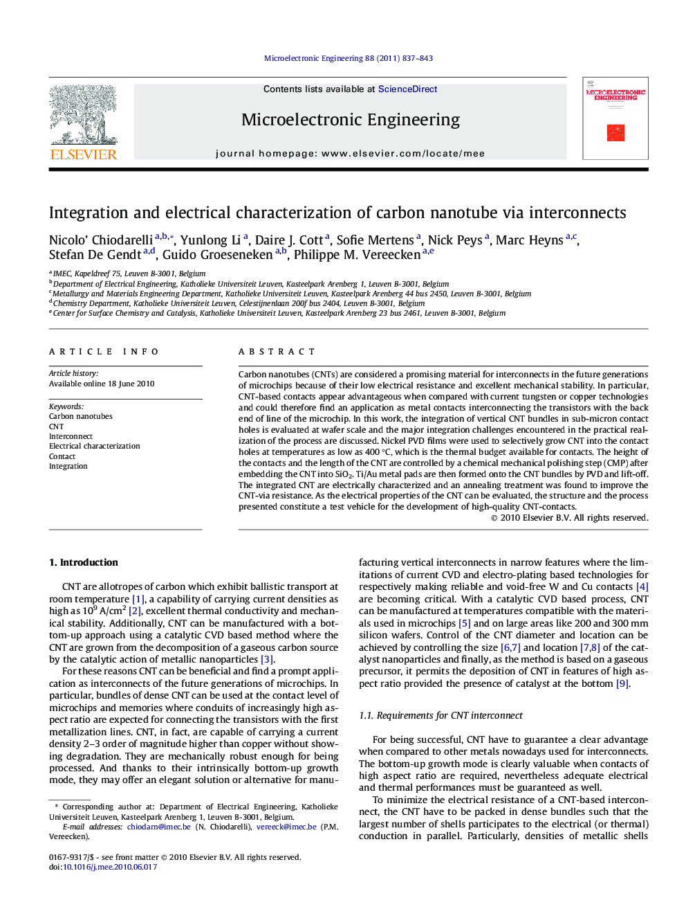 Integration and electrical characterization of carbon nanotube via interconnects