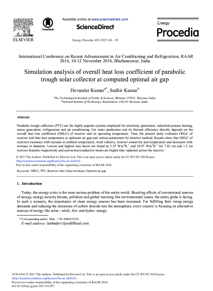 Simulation Analysis of Overall Heat Loss Coefficient of Parabolic trough Solar Collector at Computed Optimal Air Gap