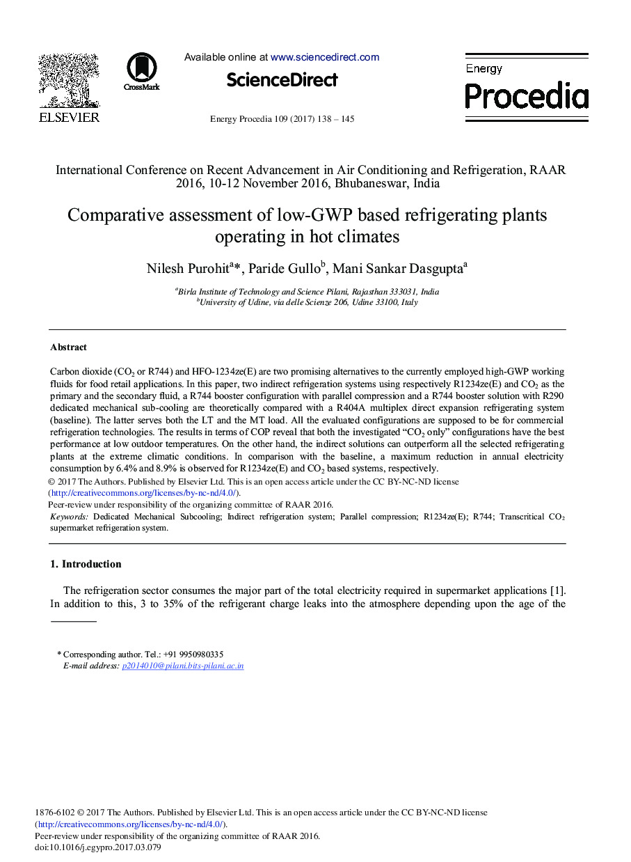Comparative Assessment of Low-GWP Based Refrigerating Plants Operating in Hot Climates