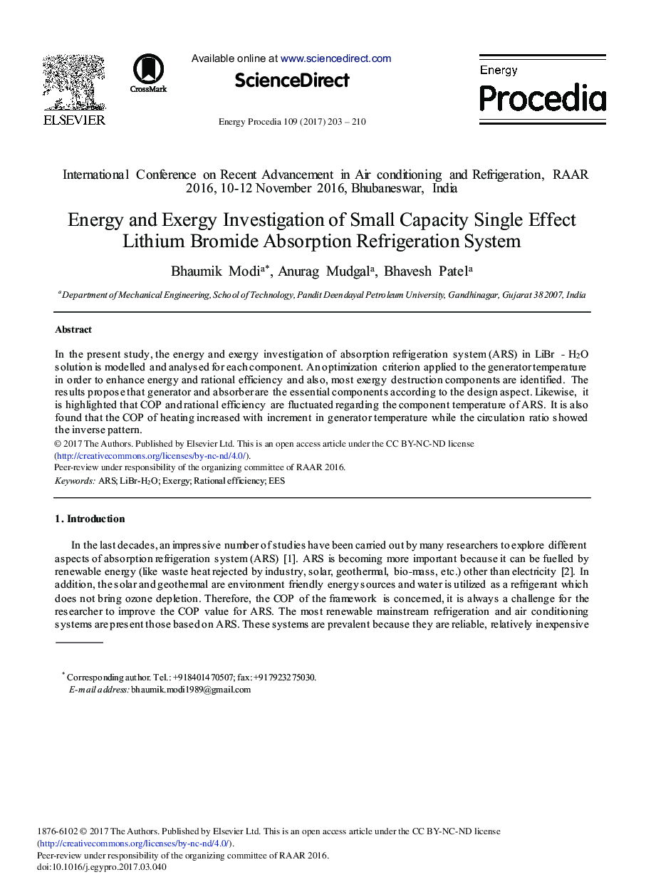 Energy and Exergy Investigation of Small Capacity Single Effect Lithium Bromide Absorption Refrigeration System