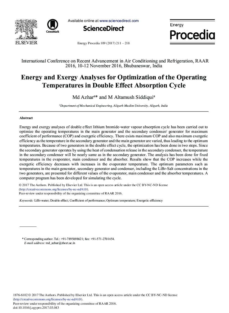 Energy and Exergy Analyses for Optimization of the Operating Temperatures in Double Effect Absorption Cycle