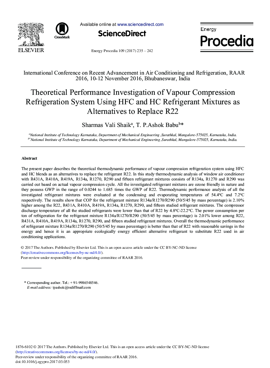 Theoretical Performance Investigation of Vapour Compression Refrigeration System Using HFC and HC Refrigerant Mixtures as Alternatives to Replace R22