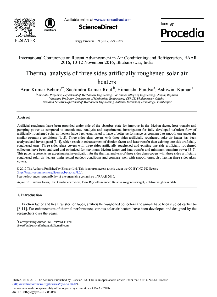 Thermal Analysis of Three Sides Artificially Roughened Solar Air Heaters