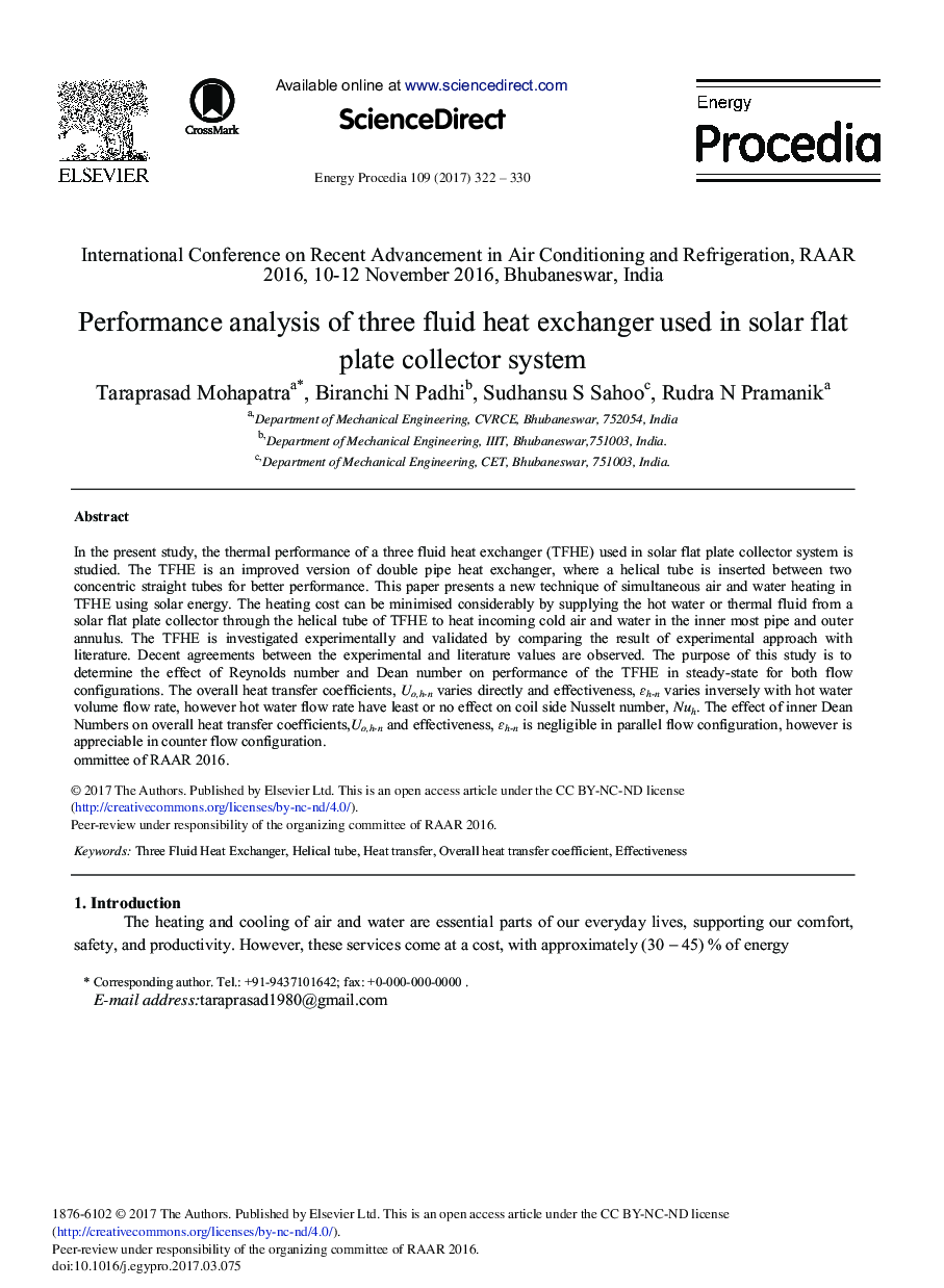 Performance Analysis of Three Fluid Heat Exchanger Used in Solar Flat Plate Collector System