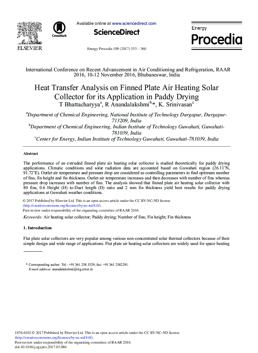 Heat Transfer Analysis on Finned Plate Air Heating Solar Collector for its Application in Paddy Drying