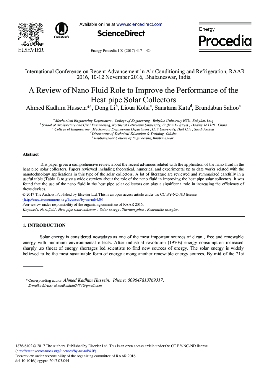 A Review of Nano Fluid Role to Improve the Performance of the Heat Pipe Solar Collectors