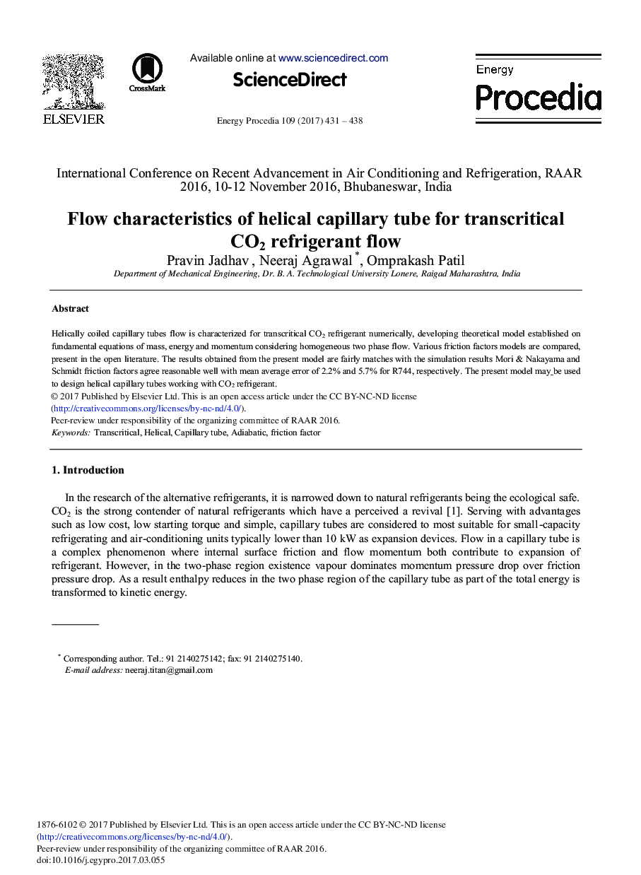 Flow Characteristics of Helical Capillary Tube for Transcritical CO2 Refrigerant Flow