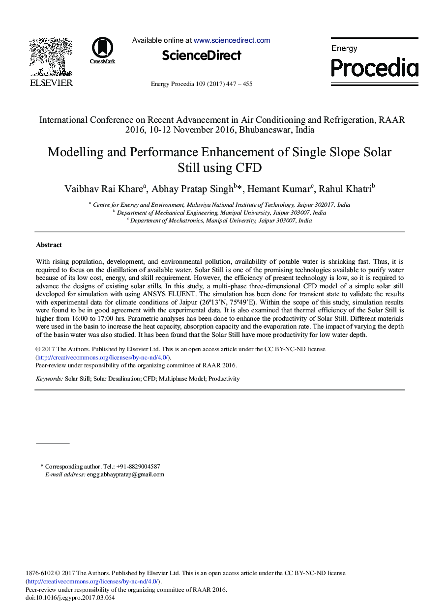 Modelling and Performance Enhancement of Single Slope Solar Still Using CFD