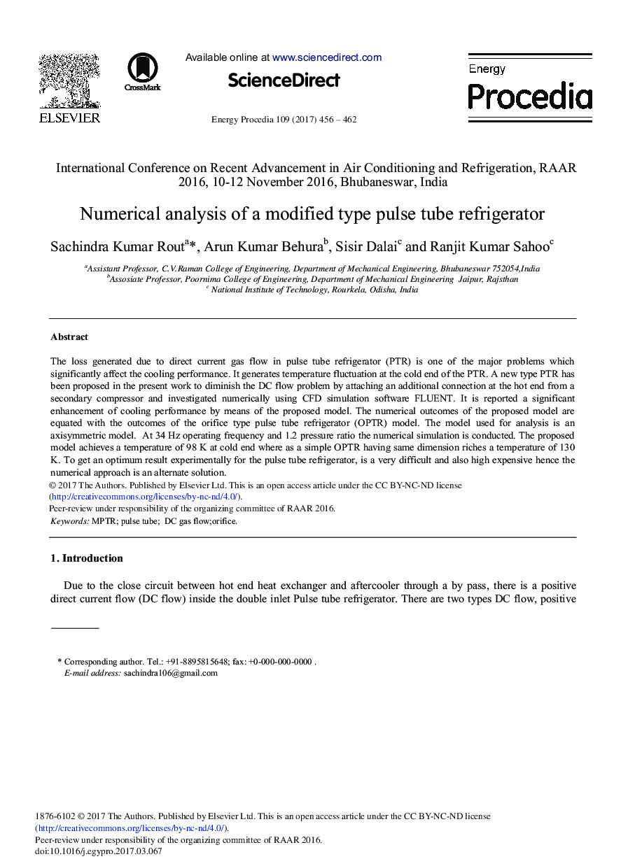 Numerical Analysis of a Modified Type Pulse Tube Refrigerator