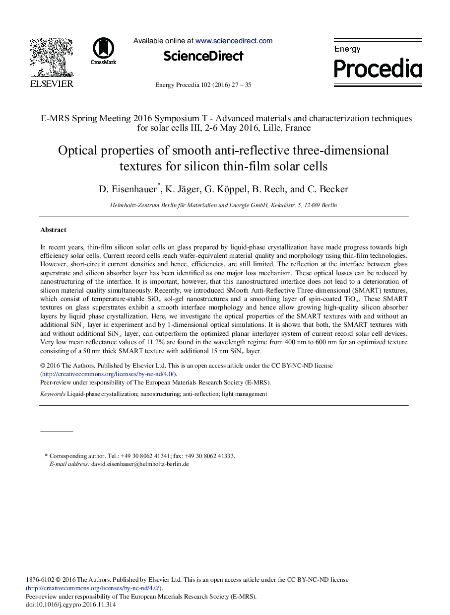 Optical Properties of Smooth Anti-reflective Three-dimensional Textures for Silicon Thin-film Solar Cells