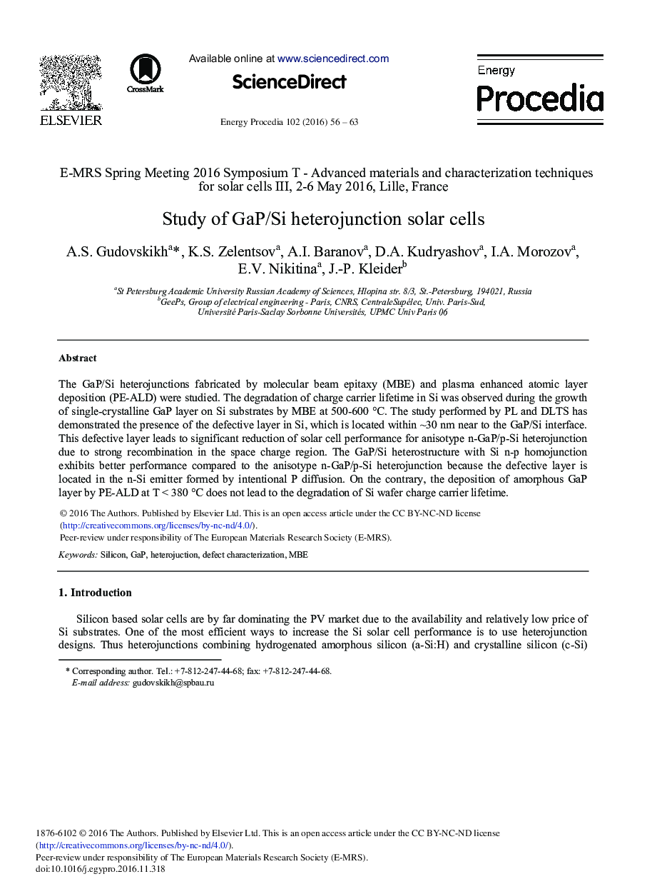 Study of GaP/Si Heterojunction Solar Cells