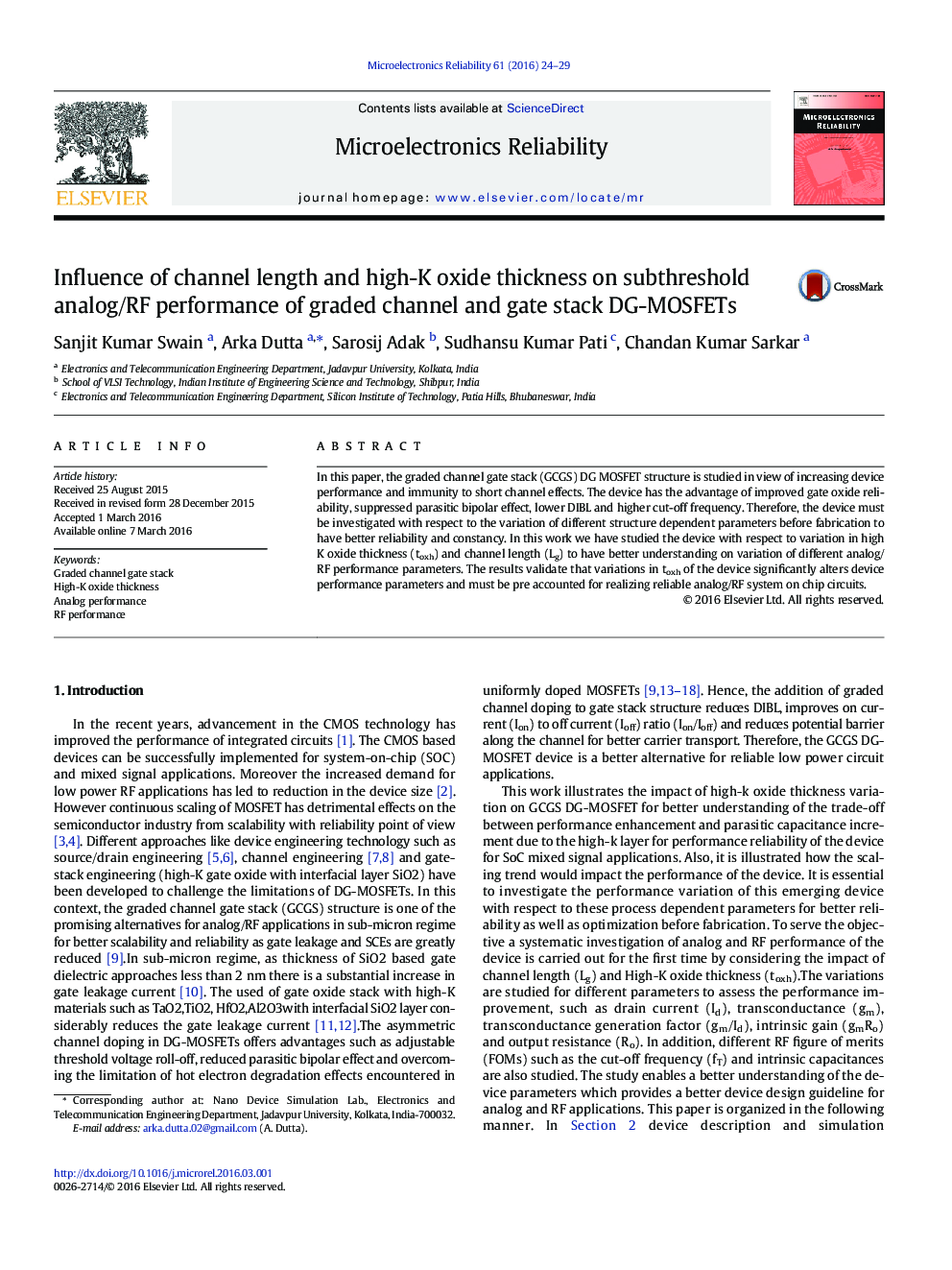 Influence of channel length and high-K oxide thickness on subthreshold analog/RF performance of graded channel and gate stack DG-MOSFETs