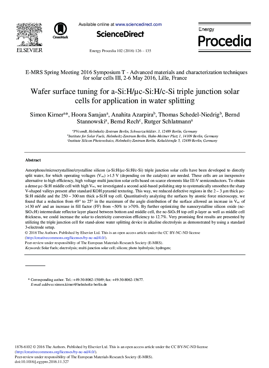 Wafer Surface Tuning for a-Si:H/Î¼c-Si:H/c-Si Triple Junction Solar Cells for Application in Water Splitting