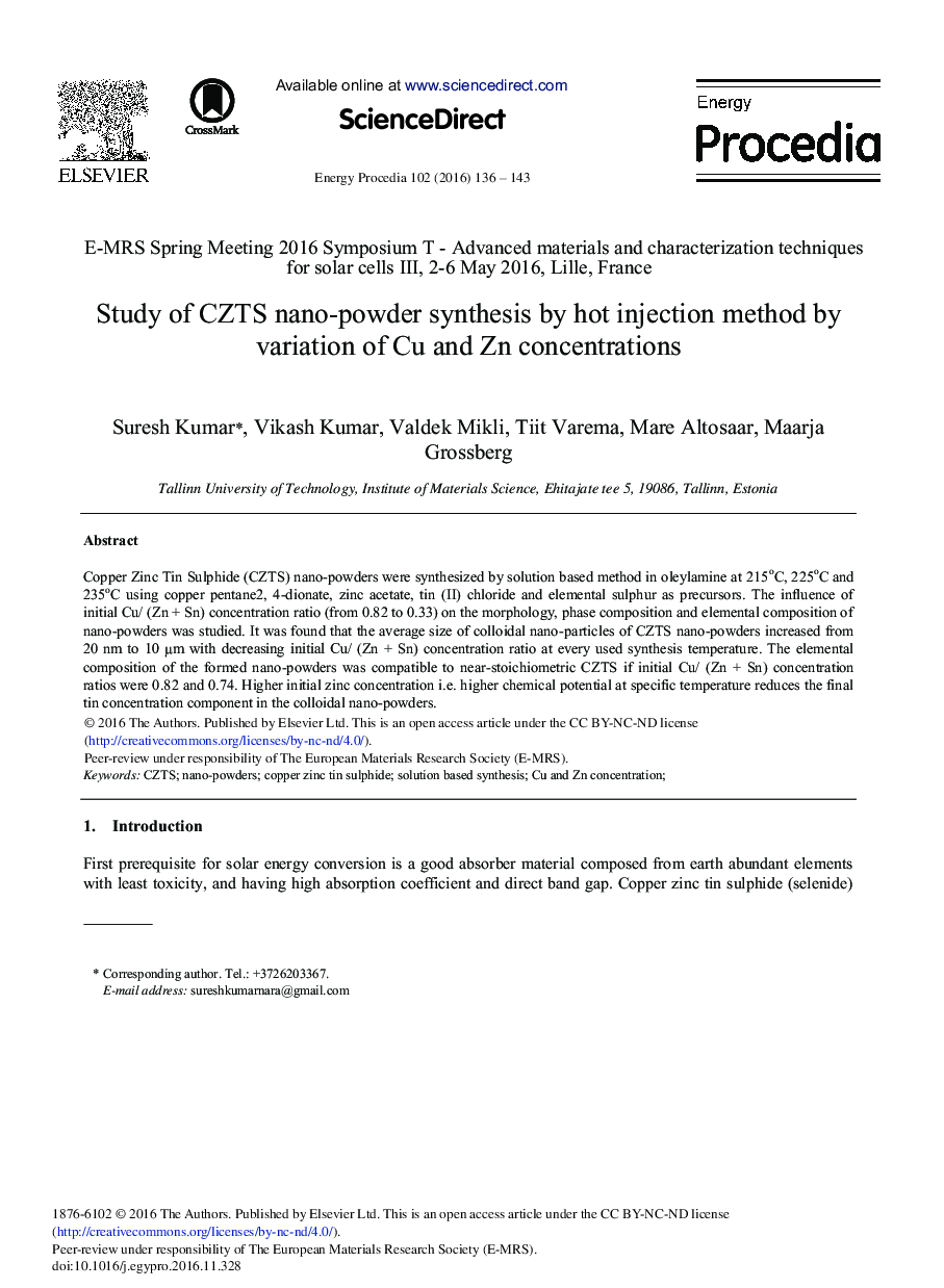 Study of CZTS Nano-powder Synthesis by Hot Injection Method by Variation of Cu and Zn Concentrations