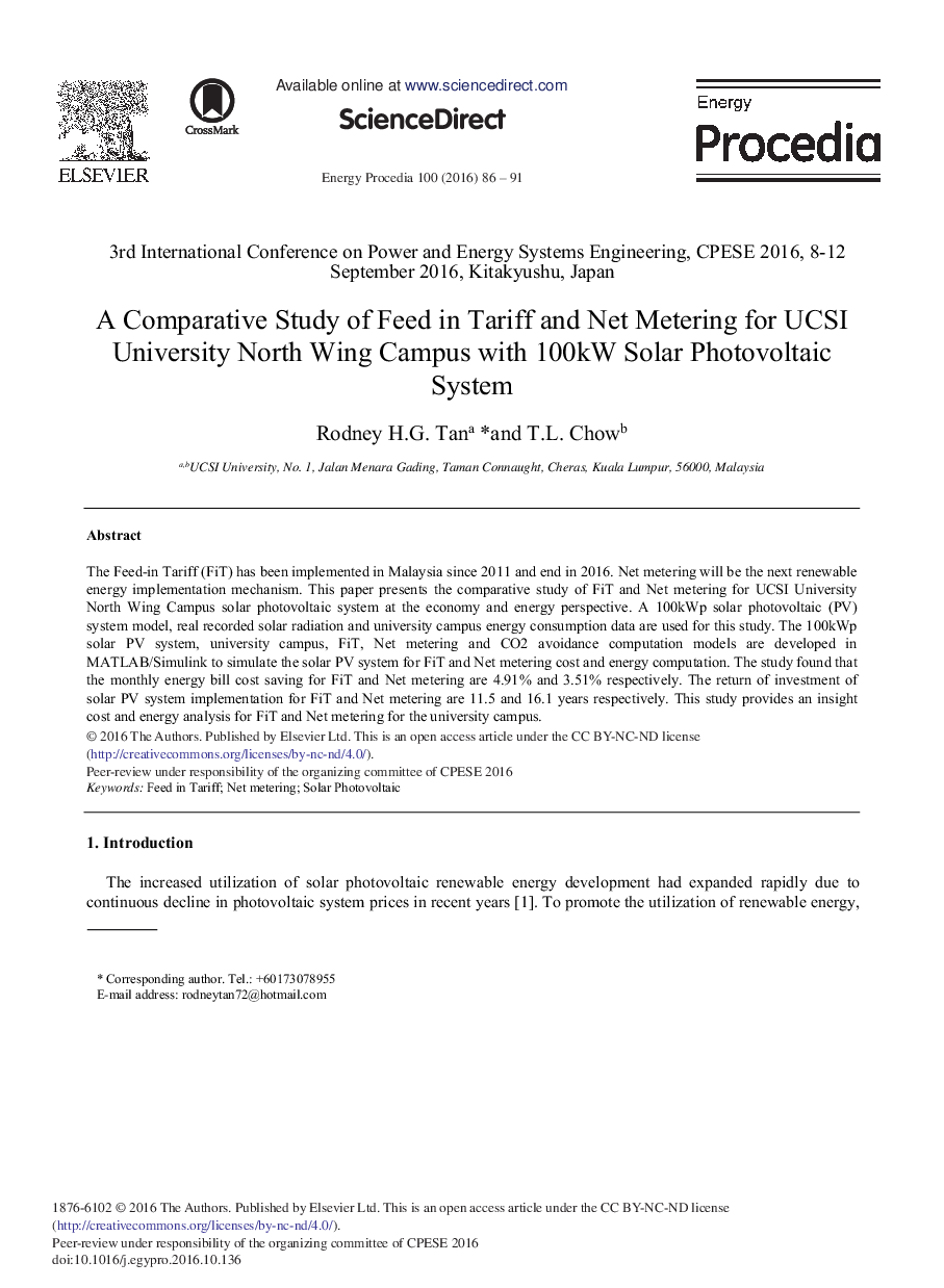 A Comparative Study of Feed in Tariff and Net Metering for UCSI University North Wing Campus with 100 kW Solar Photovoltaic System