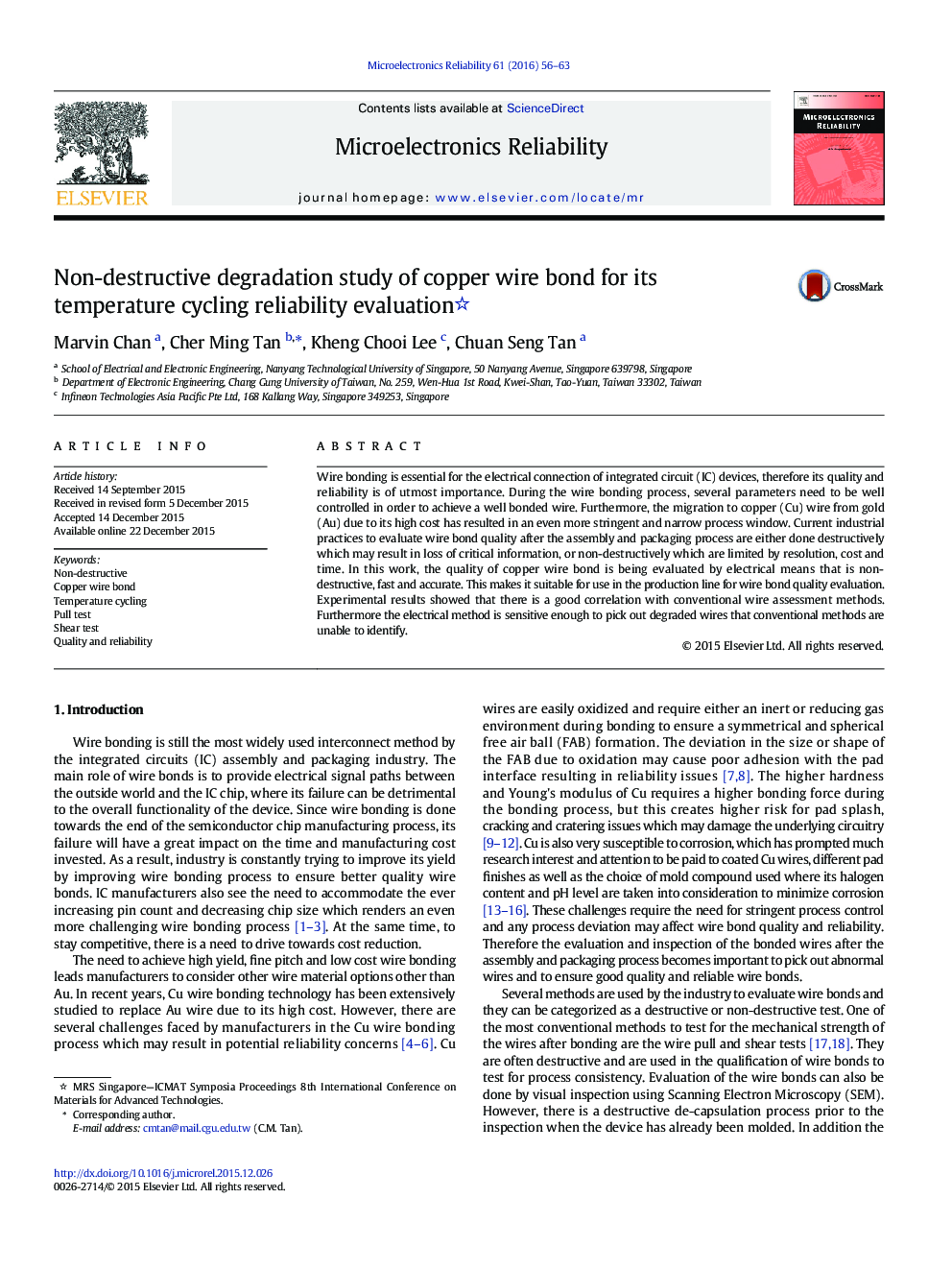 Non-destructive degradation study of copper wire bond for its temperature cycling reliability evaluation 