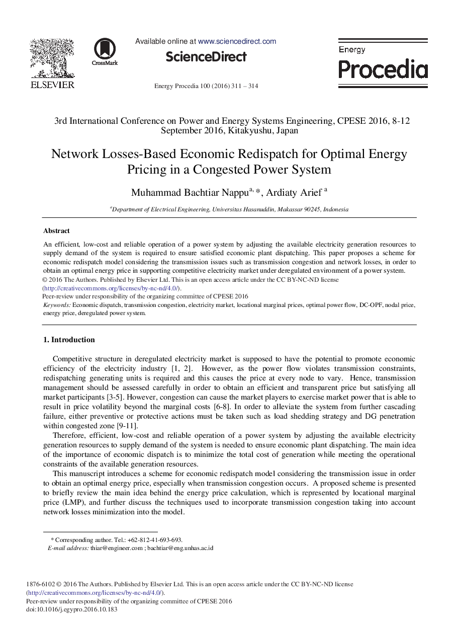 Network Losses-based Economic Redispatch for Optimal Energy Pricing in a Congested Power System