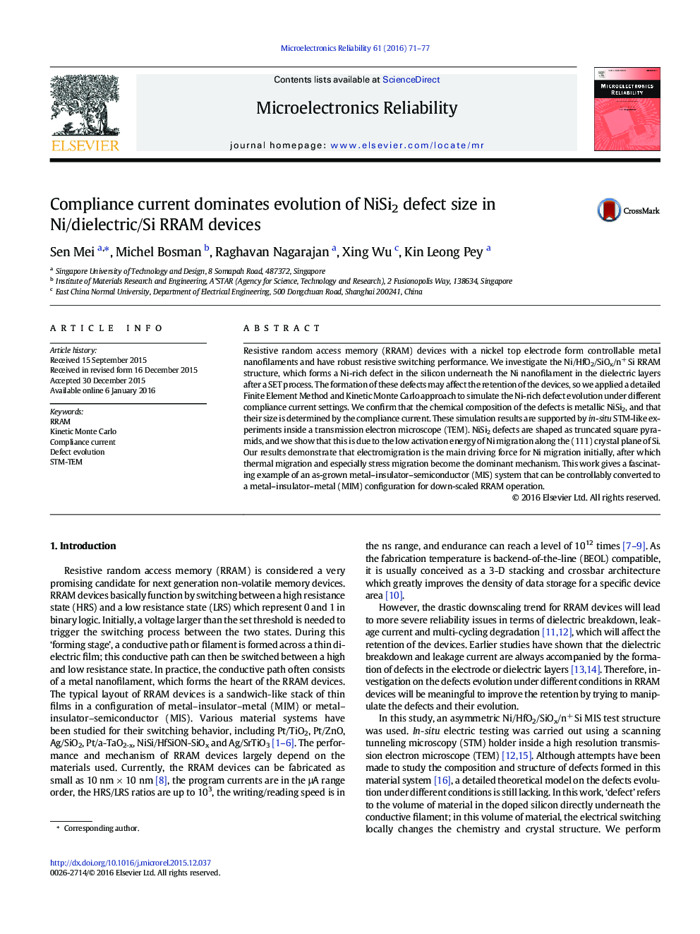 Compliance current dominates evolution of NiSi2 defect size in Ni/dielectric/Si RRAM devices