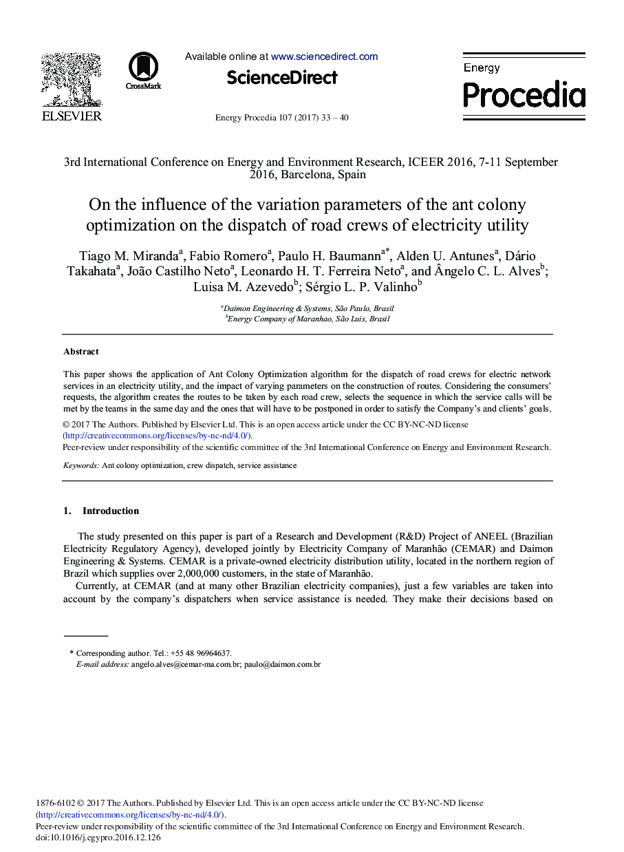 On the Influence of the Variation Parameters of the Ant Colony Optimization on the Dispatch of Road Crews of Electricity Utility