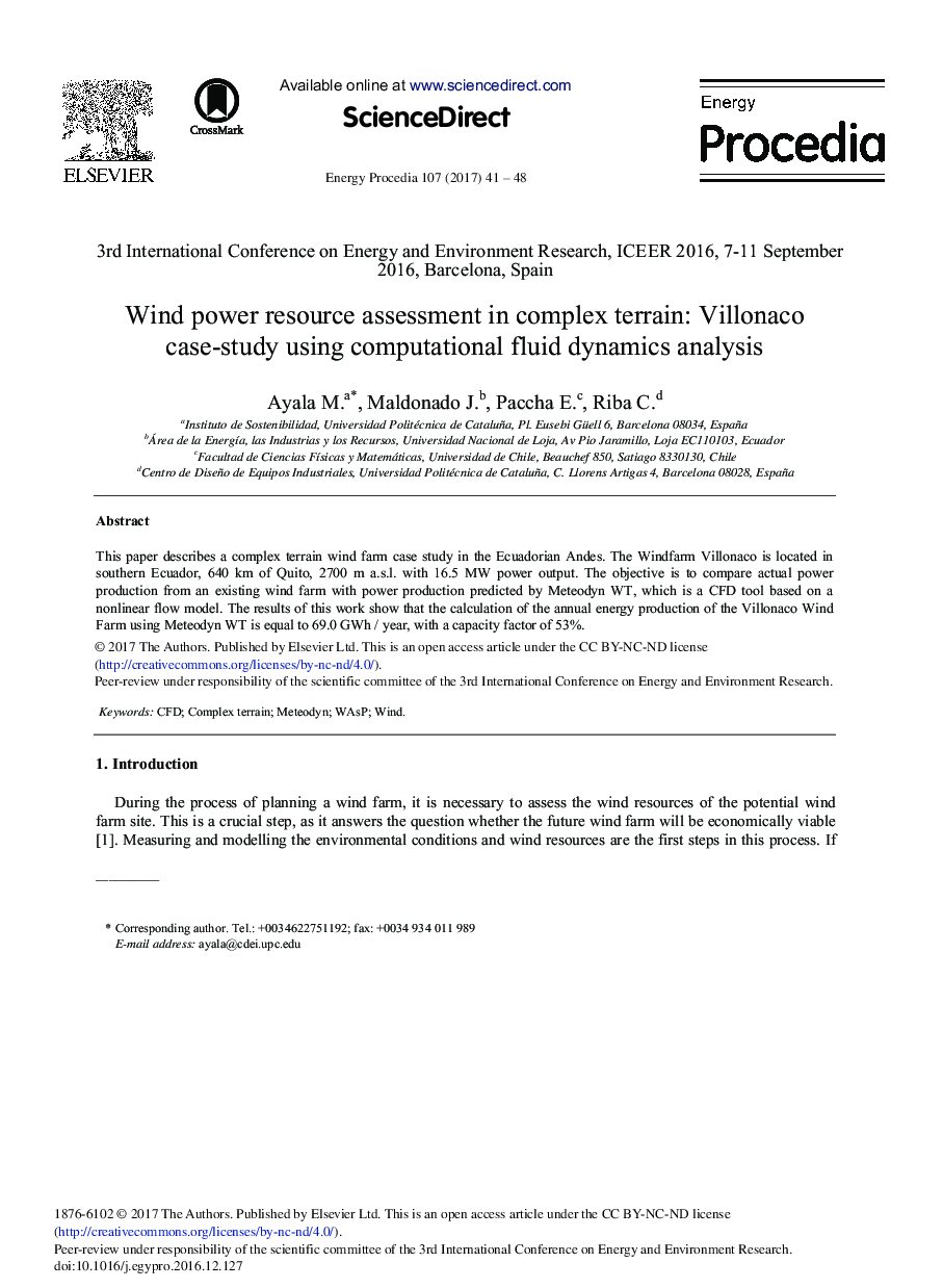 Wind Power Resource Assessment in Complex Terrain: Villonaco Case-study Using Computational Fluid Dynamics Analysis