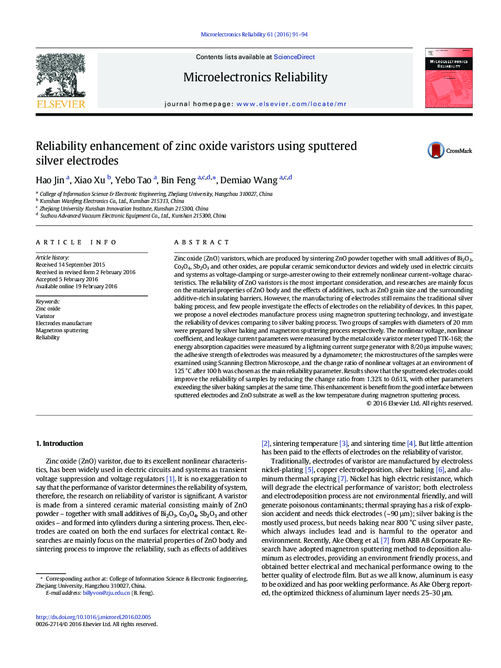 Reliability enhancement of zinc oxide varistors using sputtered silver electrodes