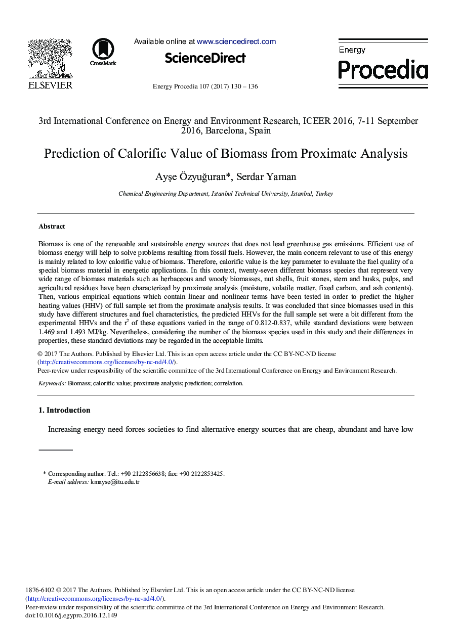 Prediction of Calorific Value of Biomass from Proximate Analysis