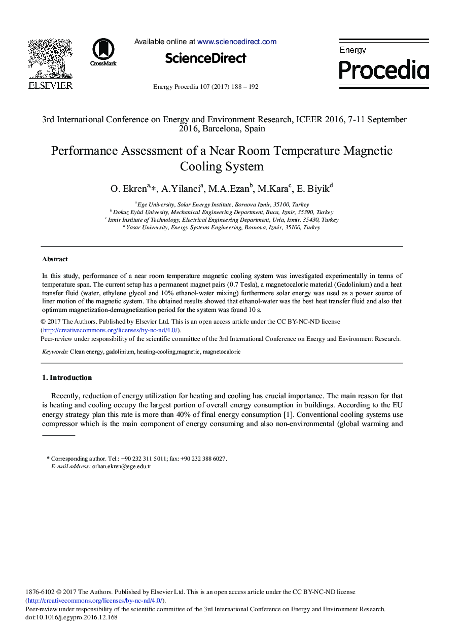 Performance Assessment of a Near Room Temperature Magnetic Cooling System