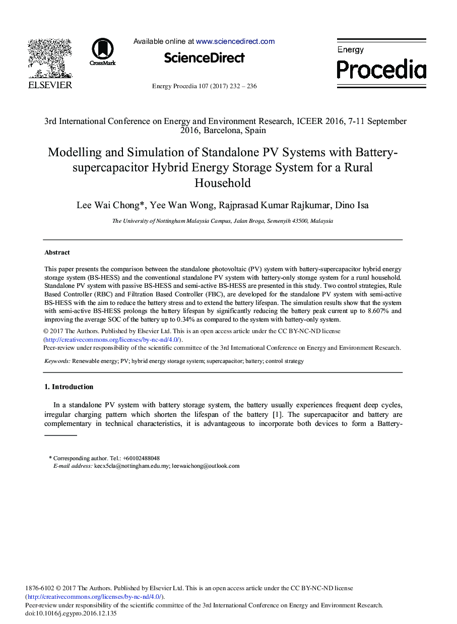 Modelling and Simulation of Standalone PV Systems with Battery-supercapacitor Hybrid Energy Storage System for a Rural Household