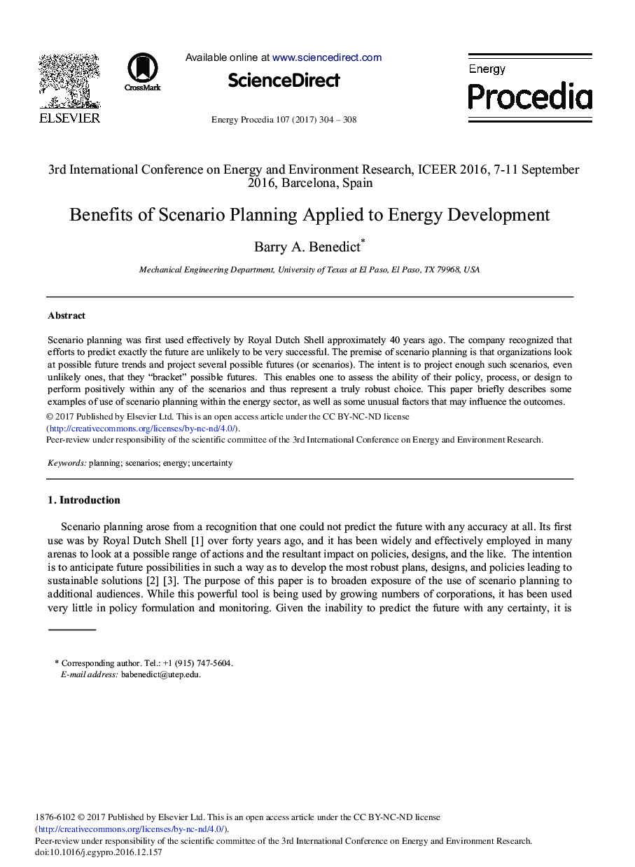 Benefits of Scenario Planning Applied to Energy Development